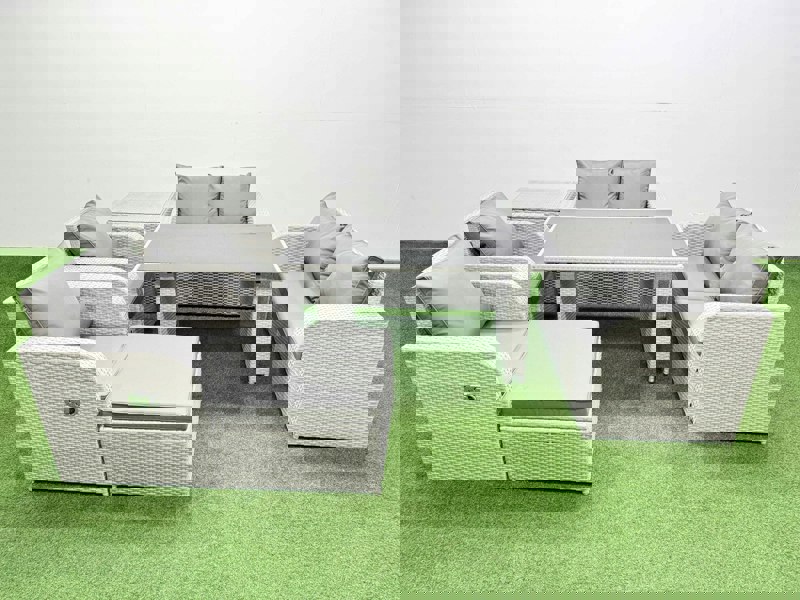 Fimous 7 Pieces Outdoor PE Rattan Sofa Reclining Chair Set Patio Garden Furniture Sets with Cushions Side Table Big Stool Light Grey