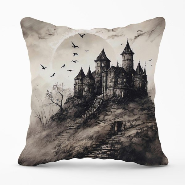 Warren Reed A Realistic Ink Drawing Of A Haunted Castle Cushions