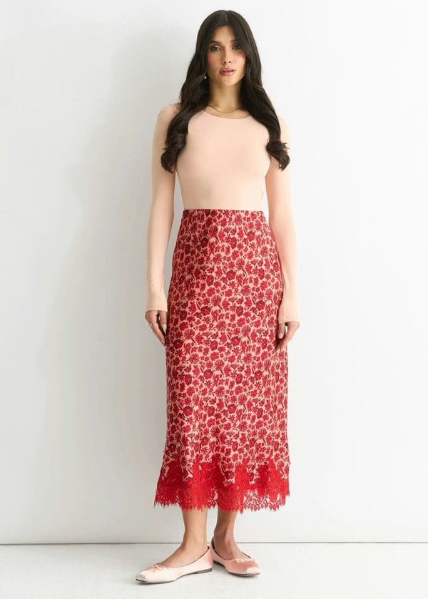 Gini London Red Floral Lace Trim Bias Midi Skirt