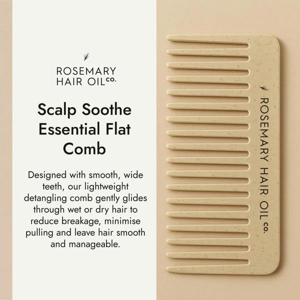 Beige comb with 'Rosemary Hair Oil Co.' branding on a beige background, wide tooth flat comb