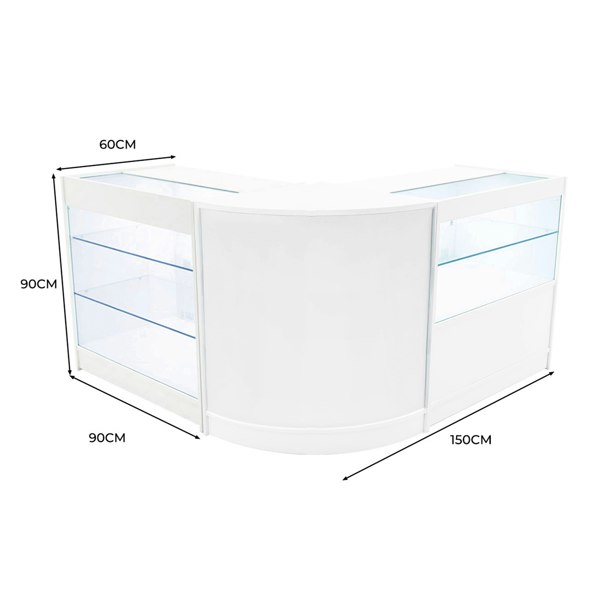 Curved white LED shop counter set featuring glass display shelves, measuring 150cm wide, 90cm high, and 60cm deep