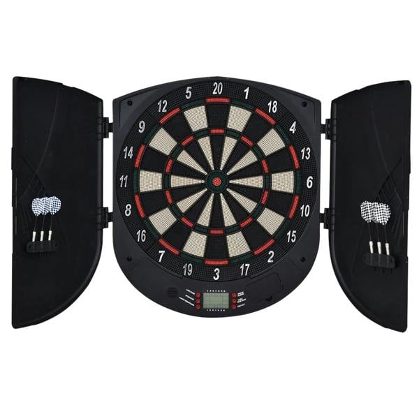 Black electronic dartboard with folding side cabinet and 6 darts, front view