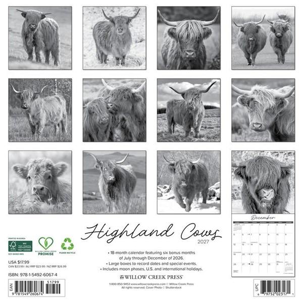Black & White Highland Cows Calendar 2027, Wall Calendars, Month To View, Animals, Gift