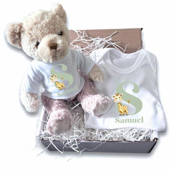 Personalised Little Giraffe Initial Baby Gift Box - Teddy & Vest