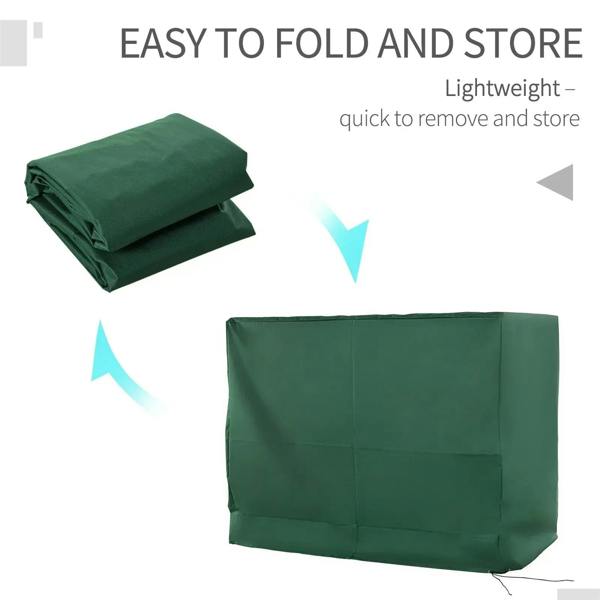 Green swing chair protective cover, folded for storage with compact stack shown