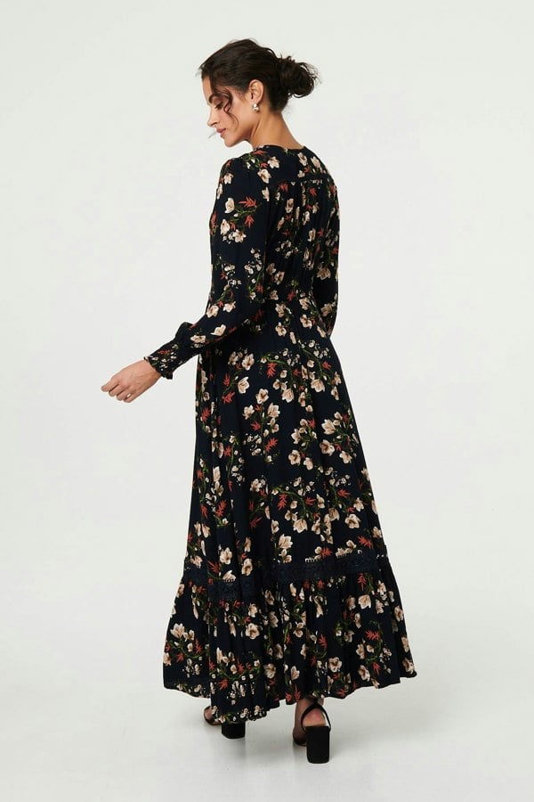 Navy | Floral Long Sleeve Lace Trim Maxi Dress