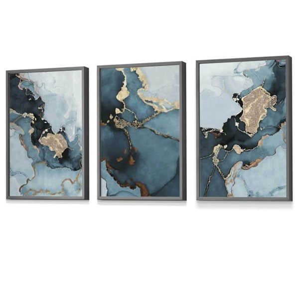 Set of 3 Abstract Teal Blue and Gold Framed Wall Art Prints | Artze Wall Art UK