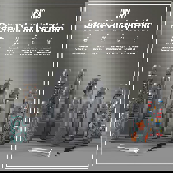 Several gray water bottles, varying in size and design, are displayed on a gray surface. Some bottles feature colorful designs; others are plain. The accompanying text advertises the brand "ION8" and highlights customizable options.