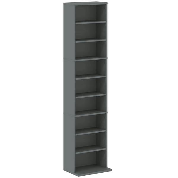 Grey narrow CD storage unit with open shelves and tall vertical frame