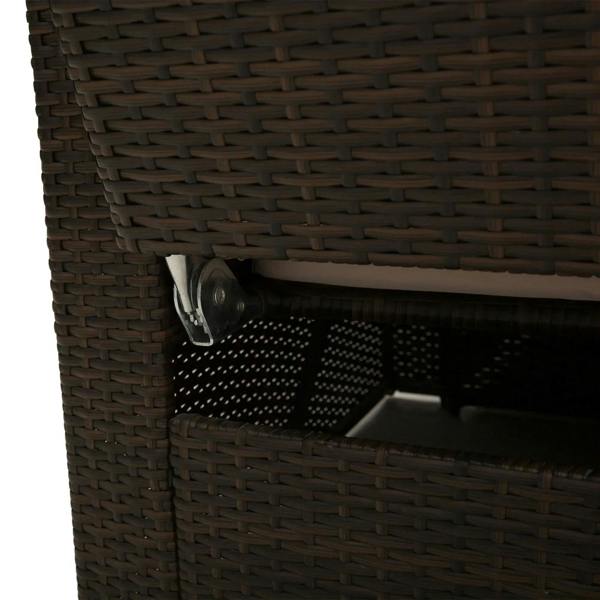 Brown woven rattan sofa frame close-up with underside storage latch detail