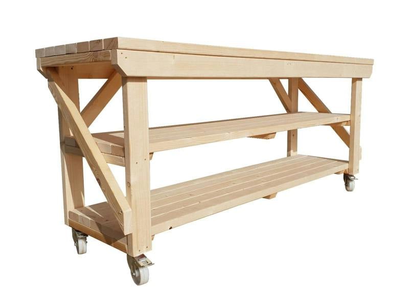 Acorn kiln-dried wooden workbench with double shelves and wheels ideal for workshops and garages