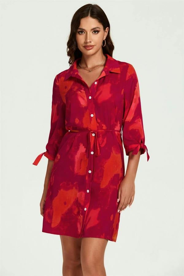 FS Collection Abstract Print Shirt Mini Dress In Red