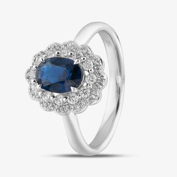 T. H. Baker 18ct White Gold Oval Cut Sapphire & Brilliant Cut Diamond Double Halo Ring R65158W-SAP M