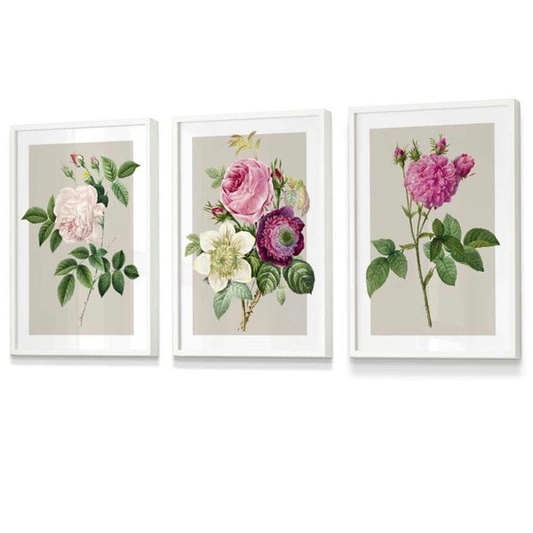 Artze Wall Art Vintage Pink and White Roses Set of 3 Framed Prints