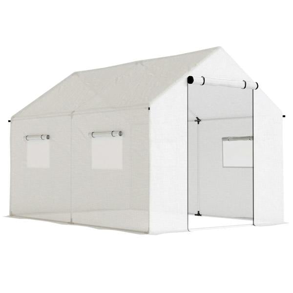 White walk-in polytunnel greenhouse with dual doors and mesh side panels