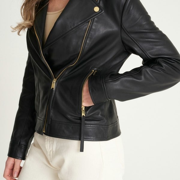 Barneys Originals Women's Gold Trim Leather Biker Jacket - Samie