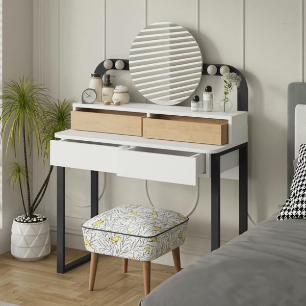 Decortie Lora Dressing Table 4-Led Lights Make-up Table Mirror 96x132cm 2-Drawer Soft-Close Storage Bedroom,Backstage