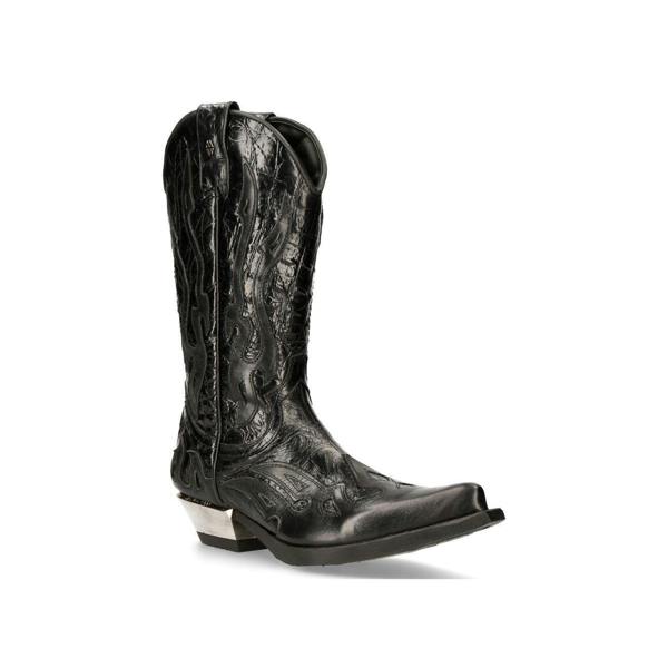 New Rock Flame Accented Black Leather Biker Cowboy Boots- M-7921-S1