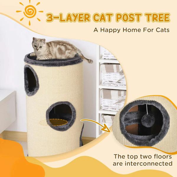 Beige sisal cat tree post with dark plush top perch and side cave openings, indoor use