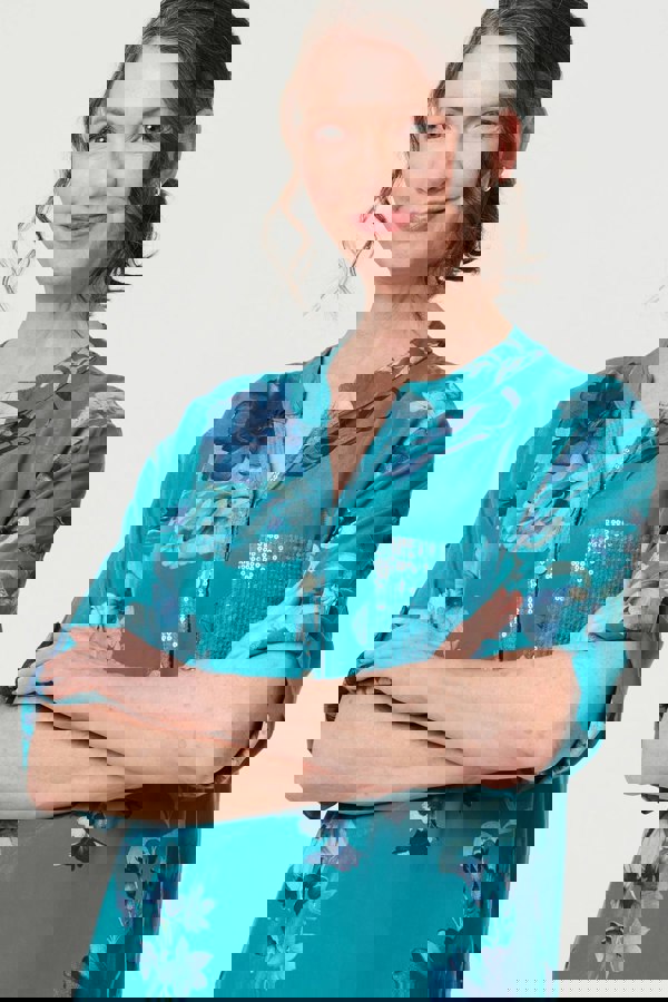 Blue | Floral Sequin Detail 3/4 Sleeve Blouse
