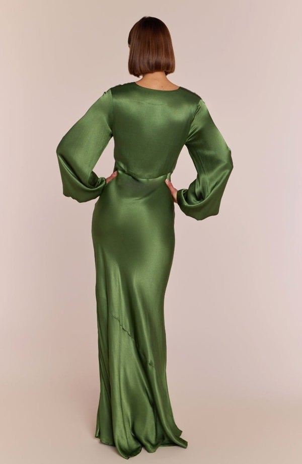 Rewritten London Valencia Dress in Olive Viscose Satin
