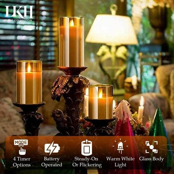 LKH HOME COLLECTION Flickering Glass LED Candles Pack of 3 - Warm White Light Battery Operated Candles with Remote Control