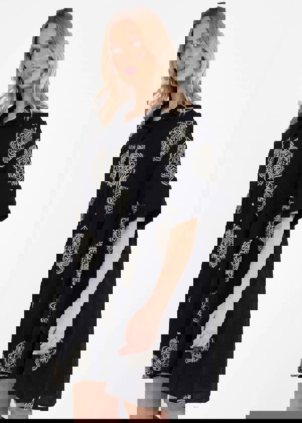 Gini London Black Embroidery Smock Oversized Mini Shirt Dress