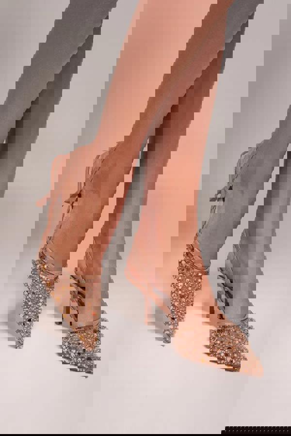 Beaded Sequin Low Heel Slingback Shoes - Nude SH15