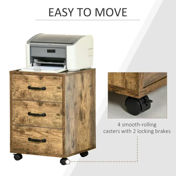 Rustic brown file cabinet with three drawers, black handles, and four casters with brakes
