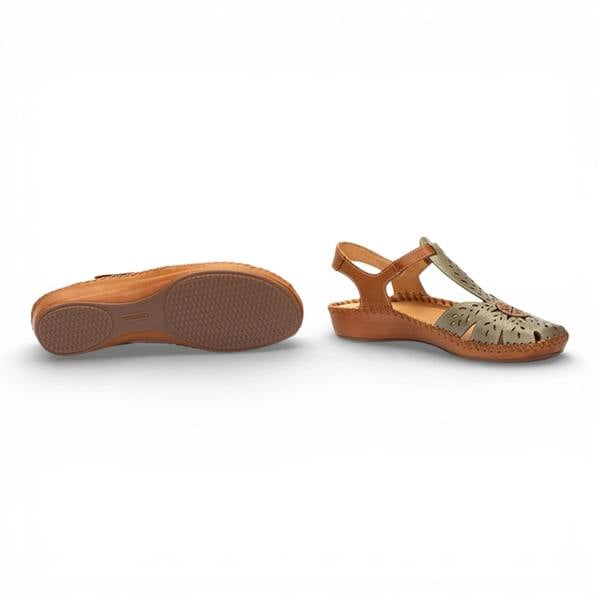 Pikolinos P-Vallarta - Women’s Tan Green Leather Wedge Sandals