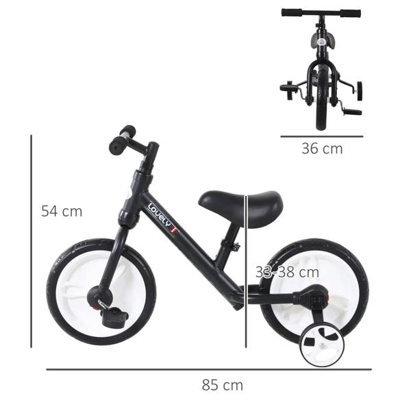 Kids black balance bike with adjustable seat height, shown with size dimensions