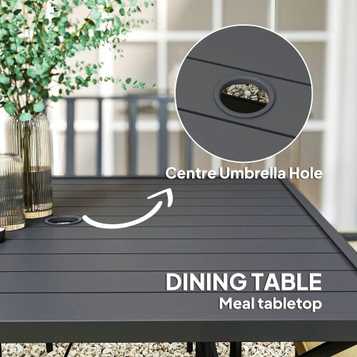 Wyld Haus Nonilu Metal Black and Cream 4 Seater Garden Dining Set With Cushions Stackable Chairs and Parasol Hole