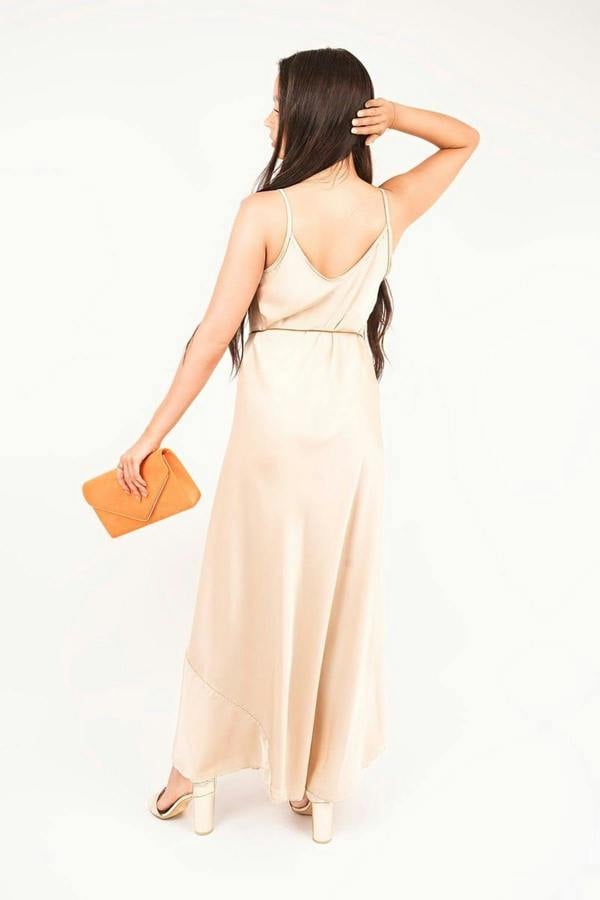 Liora Strappy Maxi Dress With Feather Tie Waist - Beige