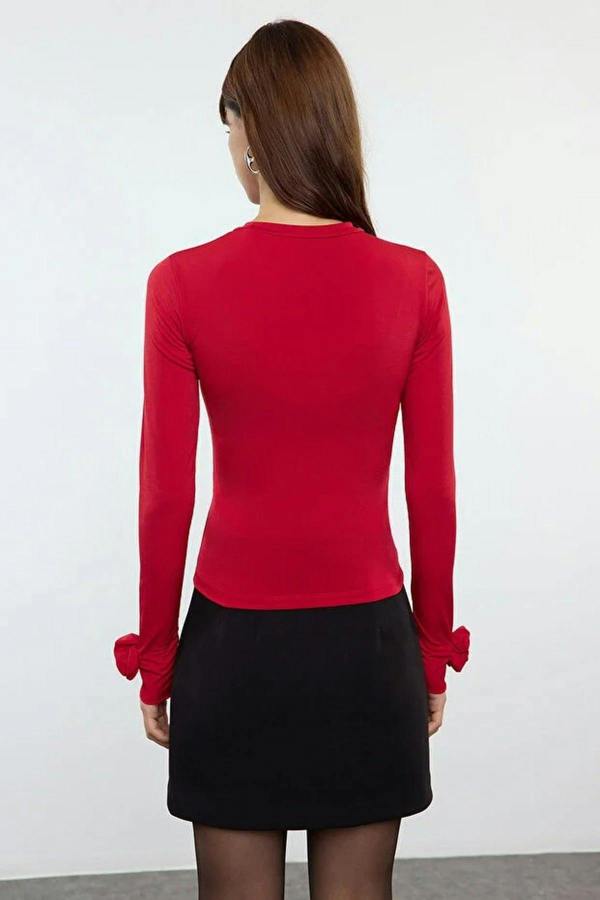 WOVCOR Long Sleeve Flexible Knit Blouse with Rose Detail