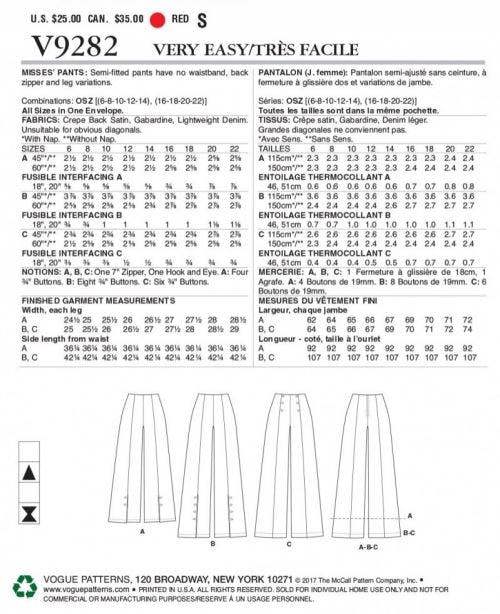 Vogue Sewing Pattern 9282, Trousers for Women, All Sizes in One Envelope - Easy
