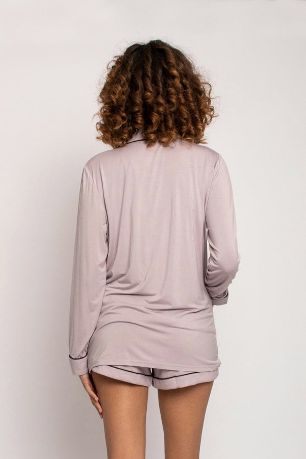 Women's Bamboo Nightwear Jacket in Oyster with contrasting piping from Pretty You London