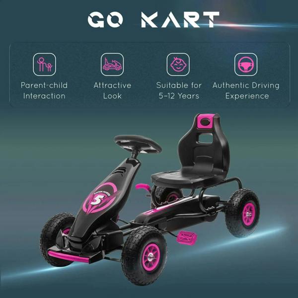Kids pedal go kart front view with black seat and pink wheels