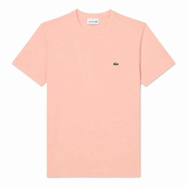 Lacoste light pink Pima cotton crew neck t-shirt with signature green crocodile logo.