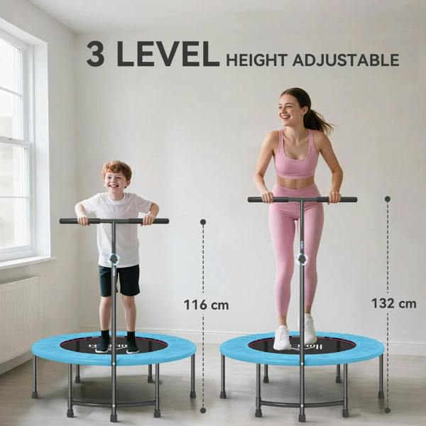 Blue rebounder trampoline with adjustable handle shown at two height settings
