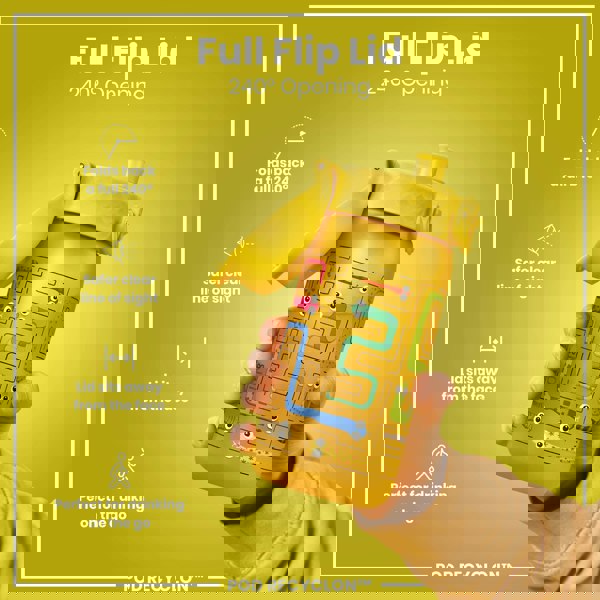 A yellow water bottle, with a full 240° flip lid, is held in a hand. The bottle features a maze design with cartoon snakes. The lid's design ensures a safer drinking experience. POD RECYCLON™