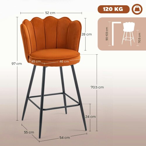 Wyld Haus Nivi Set Of 2 Orange Velvet Upholstered Lotus Design Bar Stools