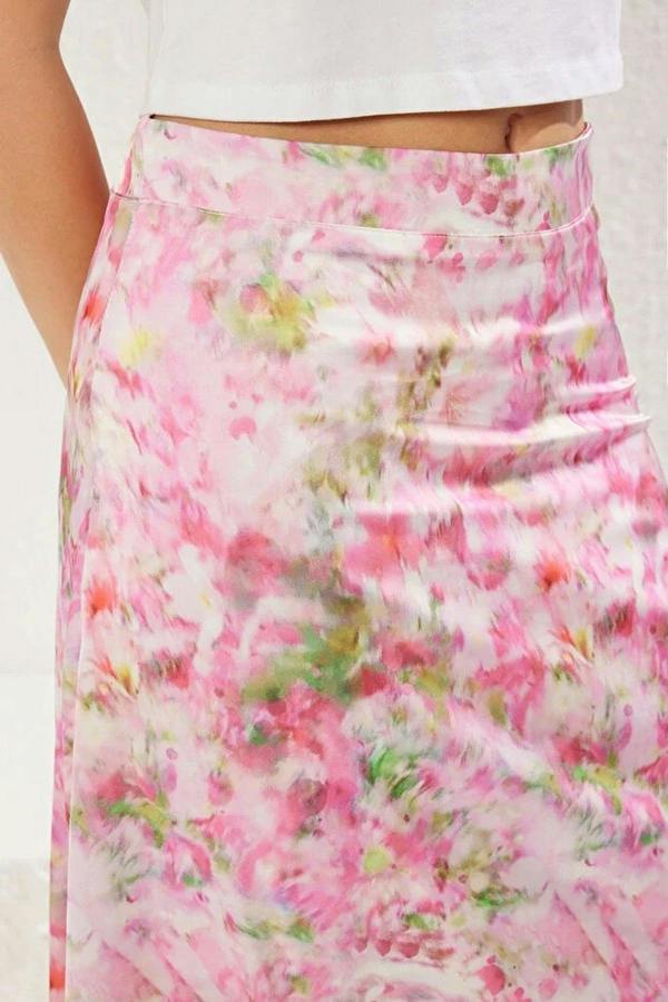 WOVCOR Floral Patterned Satin Fabric A-line Fit Midi Woven Skirt