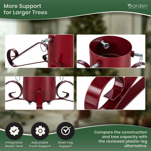 Large Metal Christmas Tree Stand, Glittery Red Finish, Water Reservoir Base for Real Trees up to 2.5m