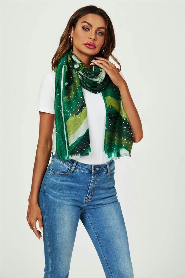 FS Collection Gold Foil Abstract Brush Print Fringed edges Scarf In Green