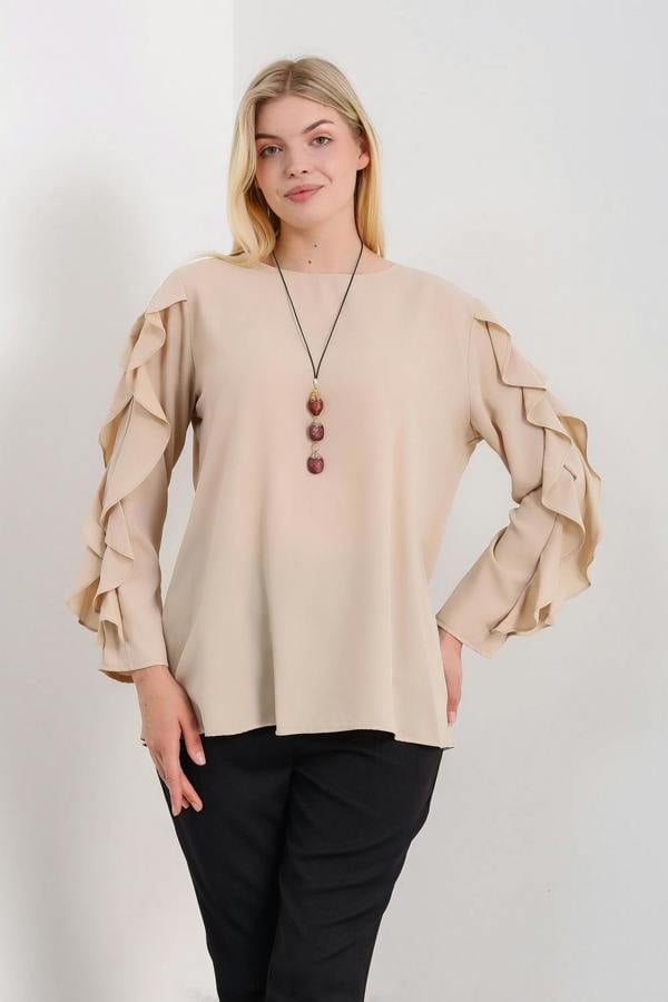 Hoxton Gal Oversized Ruffle Sleeve Relaxed Fit Top In Beige