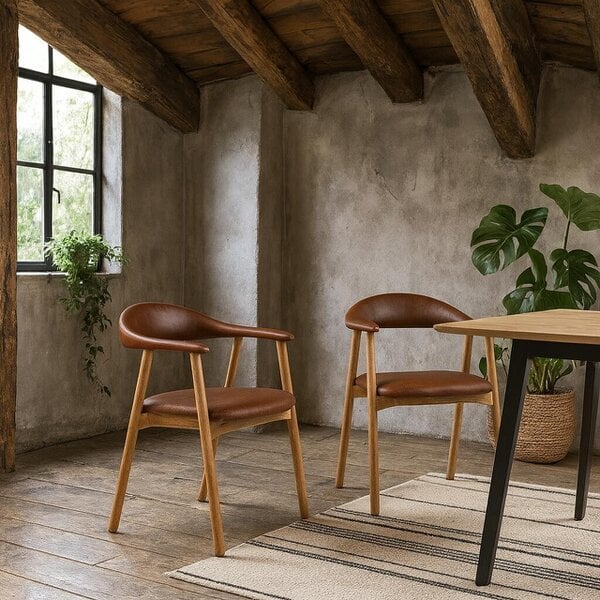 Wyld Haus Set of 2 Melbourne Brown Faux Leather Dining Chair With Armrest