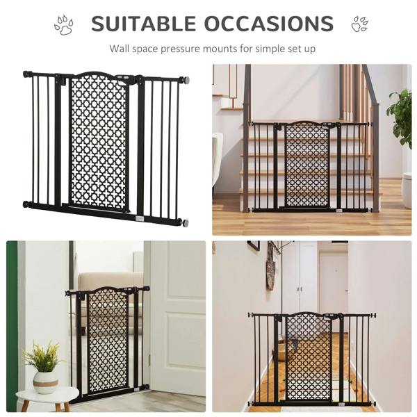 Black pet safety gate with white patterned mesh panel for stair and room use