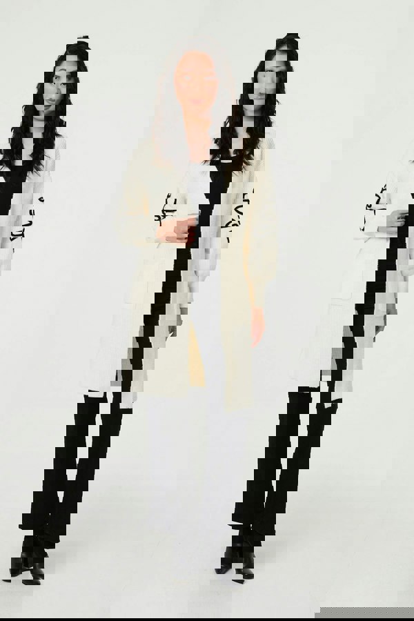 Cream | Floral Trim Detail Longline Cardigan
