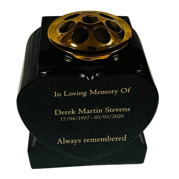 Memorials Direct Granite Heart-Shaped Vase- Premium Black with Gold Metal Flower Pot Insert – 7x6x4.5 Inches