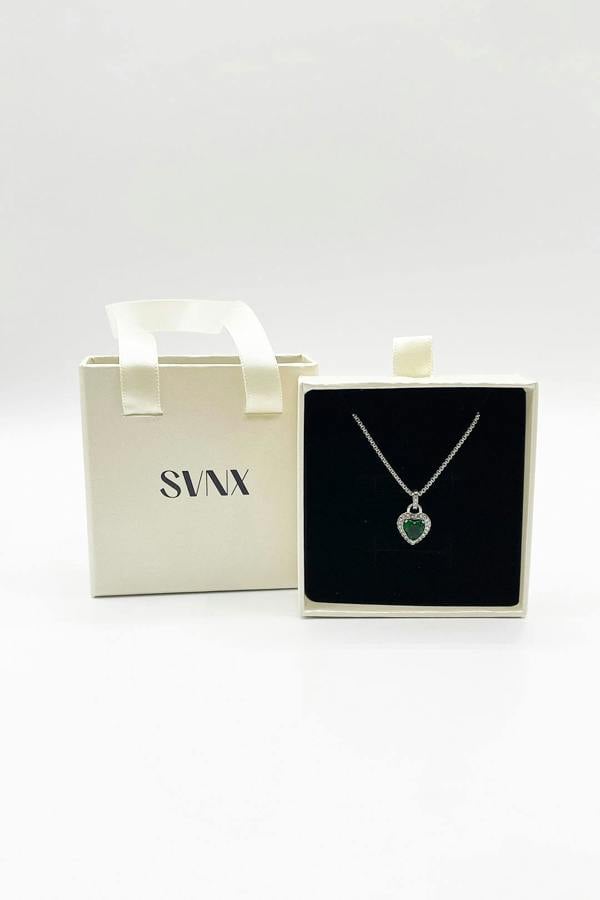 SVNX Emerald Green Diamante Heart Necklace in Silver - Gift Boxed